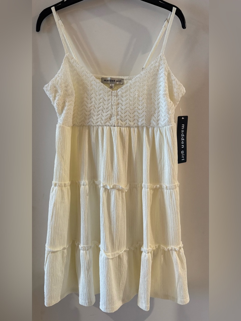 Madden Girl Cream Tiered Lace-Top Spaghetti Strap Dress